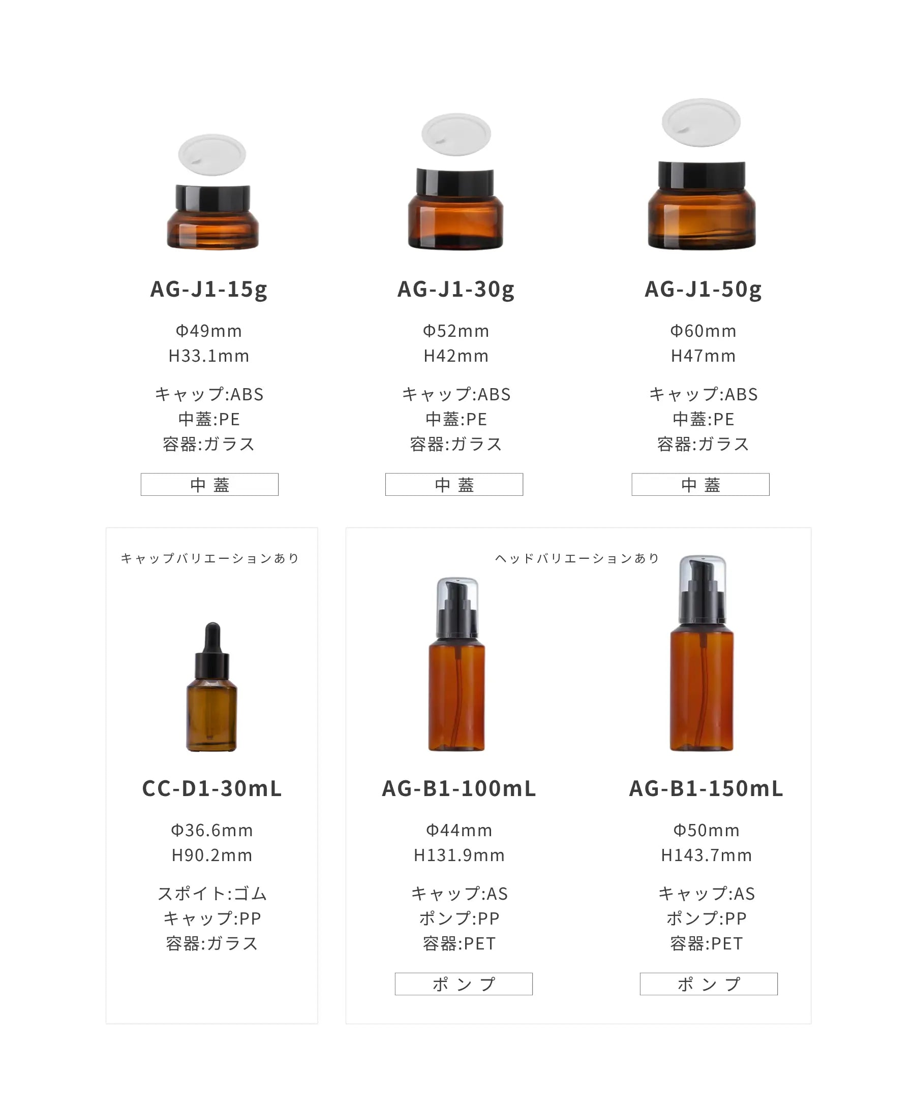 アンバー ボトル 容器バリエーション